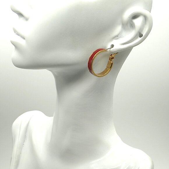 Vintage MONET Red Enamel Inlay Hoop Earrings Gold-Tone - Picture 7 of 16